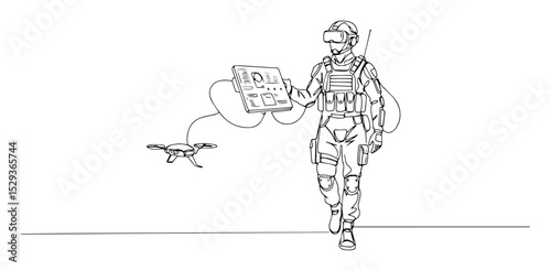 soldier walking with drone and tablet monoline lineart style