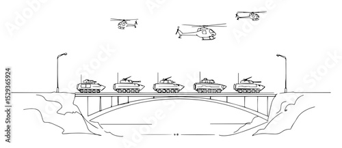 tanks and helicopters crossing bridge sketch monoline vector
