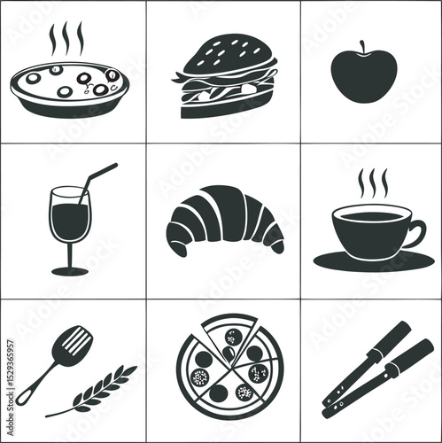 
This collection of images displays various black and white illustrations and icons of popular fast food items, beverages, and other food-related elements