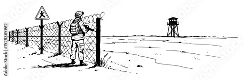 soldier guarding border fence with watchtower sketch style