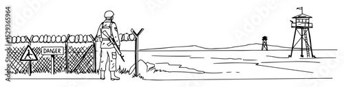 border patrol soldier near danger fence monoline sketch