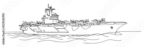 aircraft carrier at sea with planes monoline vector