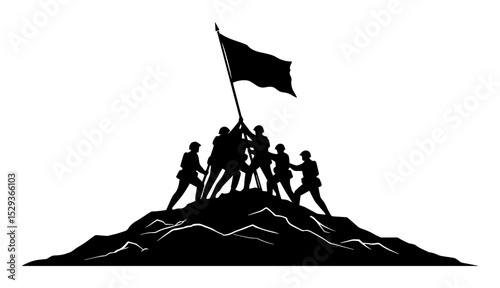 soldiers with flag on mountain silhouette illustration