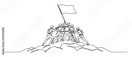 soldiers raising flag on hill monoline vector outline