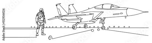 pilot walking from jet fighter aircraft monoline lineart