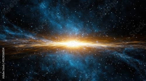 Stunning cosmic scene featuring bright, glowing center surrounded by swirling blue and orange