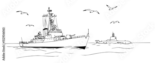 warship sailing with seagulls near lighthouse monoline vector
