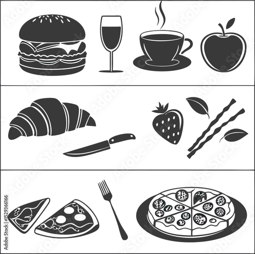 
This collection of images displays various black and white illustrations and icons of popular fast food items, beverages, and other food-related elements