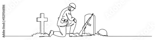 soldier kneeling at battlefield grave monoline memorial sketch