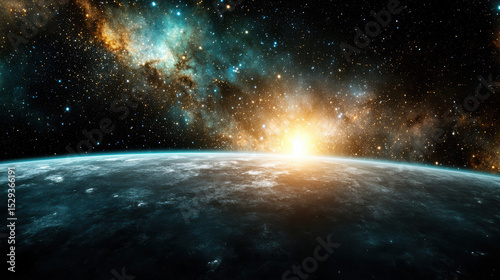 Stunning cosmic scene featuring vibrant galaxy with bright stars and glowing sun rising over