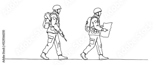 two soldiers walking with map and gear monoline sketch