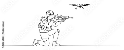 soldier aiming rifle at flying drone sketch vector
