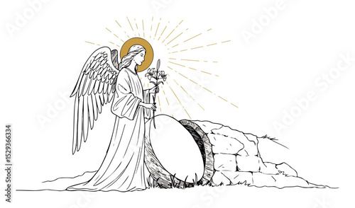 easter angel at empty tomb with rays monoline religious
