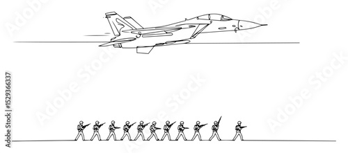 jet fighter flying over marching soldiers monoline vector