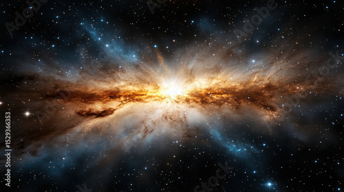 Bright cosmic explosion with swirling dust and stars illuminating dark space