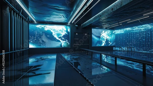 Immersive underwater experience in futuristic hall with dynamic led displays. Big data visualization