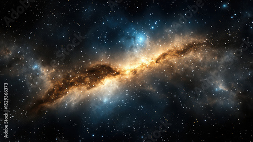 Brightly glowing golden nebula in dark cosmic field, showcasing beauty of universe