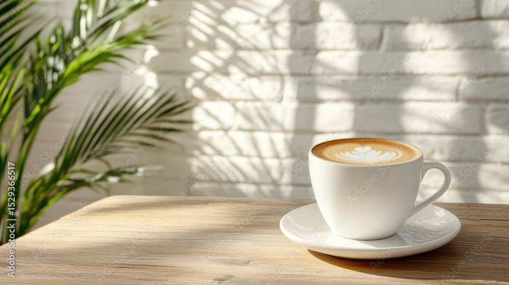 Fototapeta premium Serene coffee scene featuring latte with beautiful foam art, sunlight casting shadows