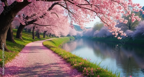 Serene Scene of Cherry Blossoms Beside a Calm River in Spring
