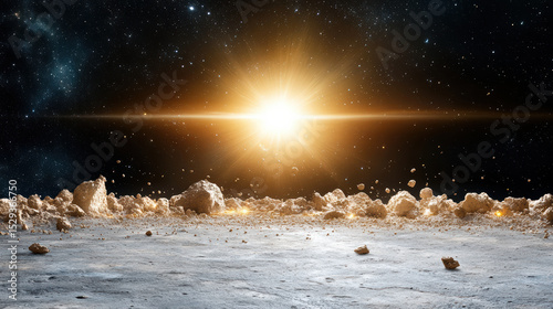 Bright sun illuminating rocky surface in space, surrounded by distant stars and cosmic dust