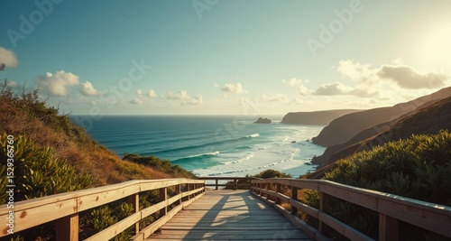 Scenic Oceanfront Viewpoint with Warm Sunrise Over Waves