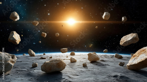 Chaotic system of irregular planets and wandering asteroids in space, illuminated by bright sun