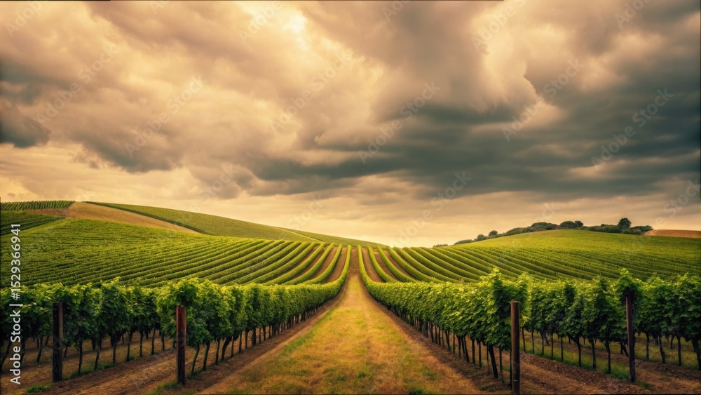 Fototapeta premium Vineyard Landscape Under Cloudy Sky with Muted Tones in Gigapixel