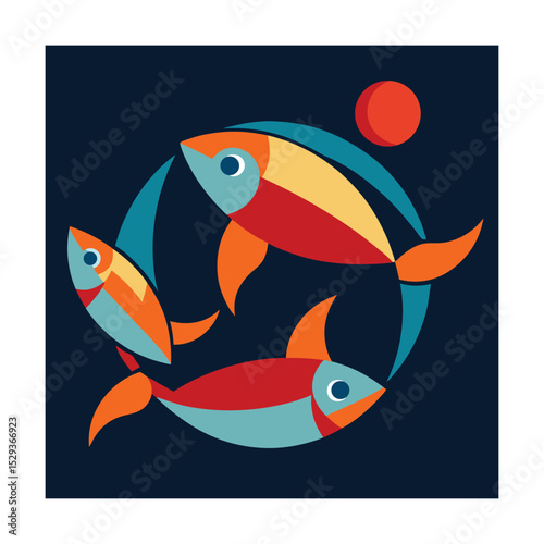 Abstract illustration of three colorful fish swimming in a stylized blue ocean circle