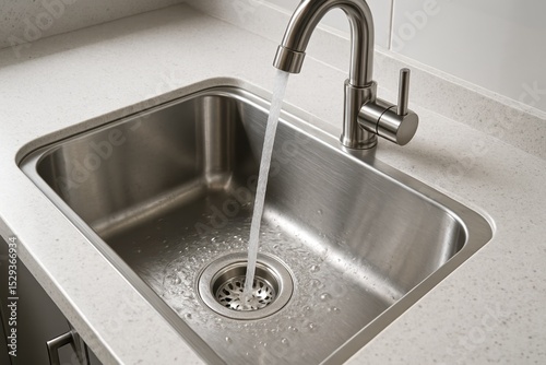 Close-Up of a Modern Stainless Steel Kitchen Sink with Running Water Clean and Hygienic Home Interior Detail