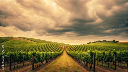 Vineyard Landscape Under Cloudy Sky with Muted Tones in Gigapixel