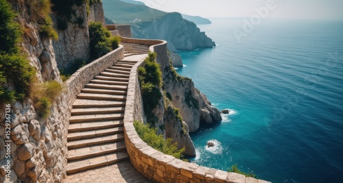 Scenic Coastal Staircase on Retro Mediterranean Cliff