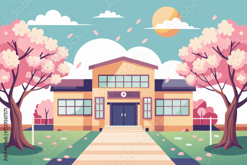 Minimalist School Building in Spring with Cherry Blossoms and Pastel Colors – Vector Illustration