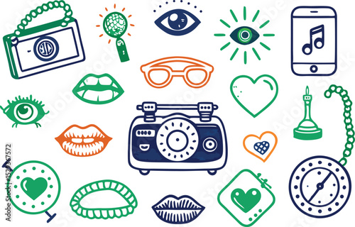 Hand drawn illustration of assorted colorful icons on white background