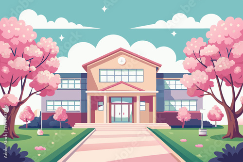 Minimalist School Building in Spring with Cherry Blossoms and Pastel Colors – Vector Illustration