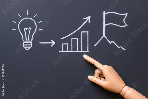 Hand pointing chalk drawing of growth chart with flag, light bulb representing ideas, and rising arrow indicating progress, illustrating connection between business strategy and innovation