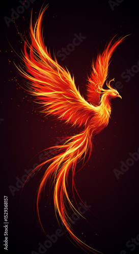 Vibrant Phoenix Rising in Fiery Glory with Majestic Wings and Ethereal Swirls Against a Mystical Dark Backdrop