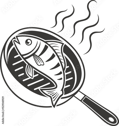
This collection of black and white illustrations depicts a fish being cooked in a frying pan, with steam rising from it.