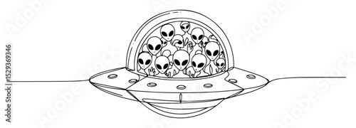 ufo with aliens one line sketch