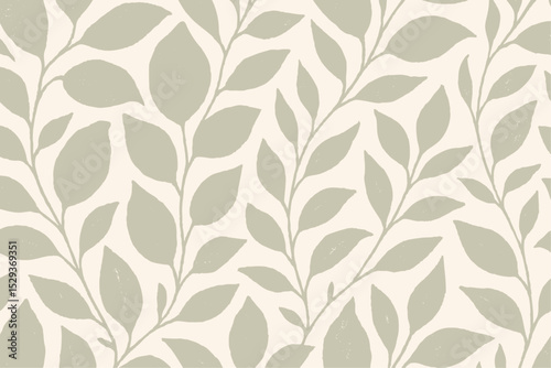 Elegant vector pattern of stylized branches with leaves. Soft, muted green foliage on a light cream background. Organic botanical art for decor.