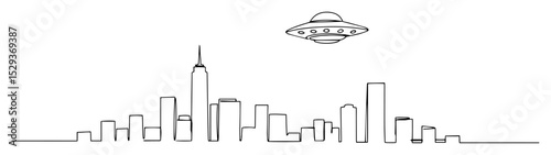 ufo over city one line illustration