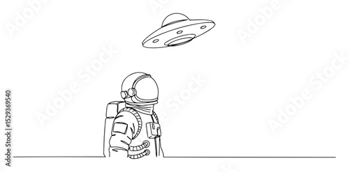 astronaut watching ufo one line art
