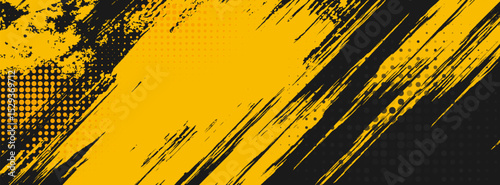 Black and yellow abstract background with brushstroke and halftone style.
