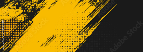 Black and yellow abstract background with brushstroke and halftone style.