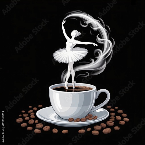 Elegant Ballerina Dancing on a Steaming Coffee Cup Surrounded by Coffee Beans on a Dark Artistic Background