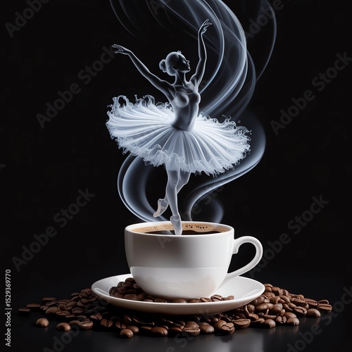 Elegant Ballerina Dancing on a Steaming Coffee Cup Surrounded by Coffee Beans on a Dark Artistic Background