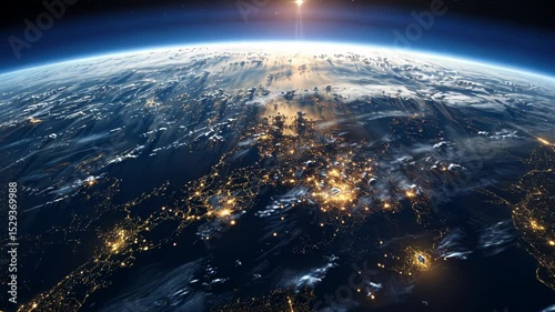 Stunning earth sunrise over europe from space with city lights highlighting the dynamic beauty of the planet. Big data visualization