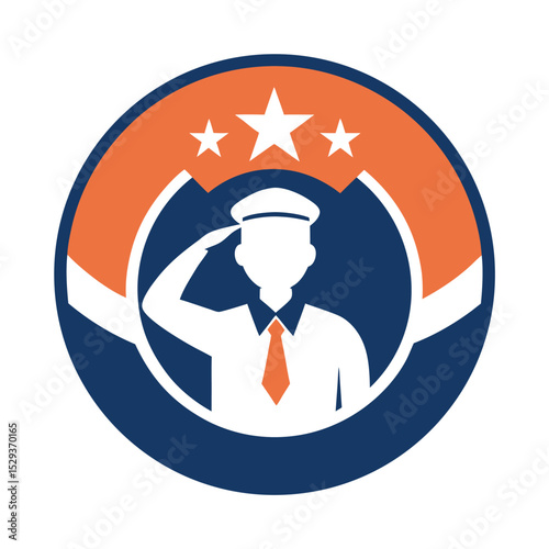 Patriotic emblem depicting a saluting soldier with stars and circular frame