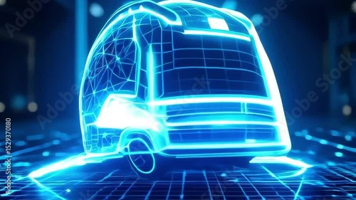 4K video of futuristic construction helmet, blue neon background, technology in industry and future of construction concept