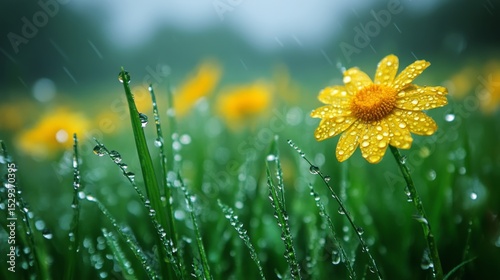 Yellow Flower with Raindrops on Petals in a Green Meadow