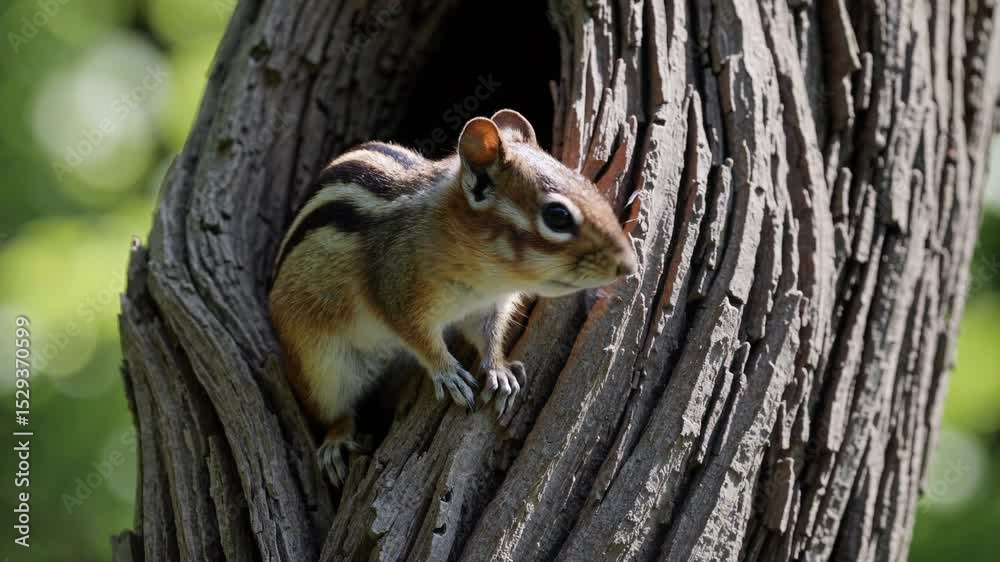 Eastern chipmunk peering cautiously from cozy tree hollow, showcasing natural woodland habitat with curious wildlife behavior